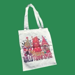 White HALLOWTHANKSMAS  Canvas Tote Bag Halloween Thanksgiving Christmas Gnomes